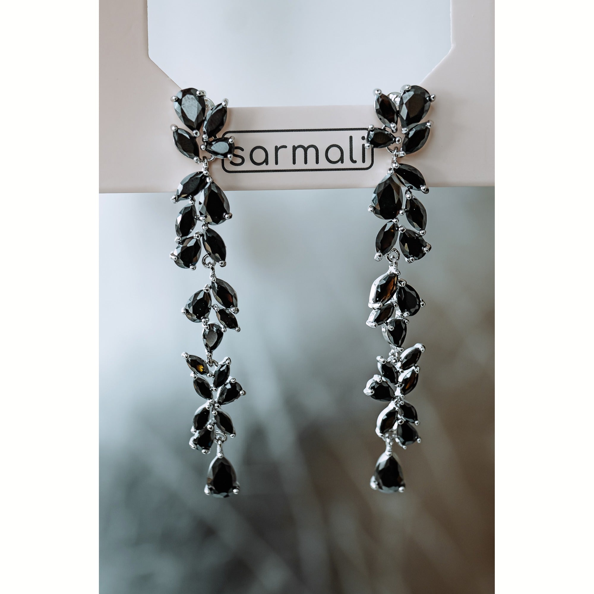 Cubic zirconia black silver drop earrings with Sarmali packaging