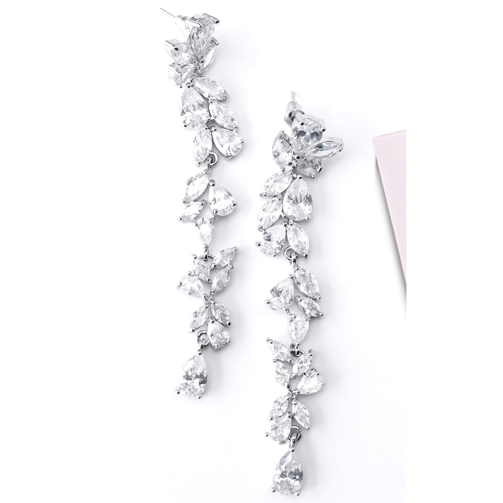 Cubic zirconia white silver drop earrings clean product shot