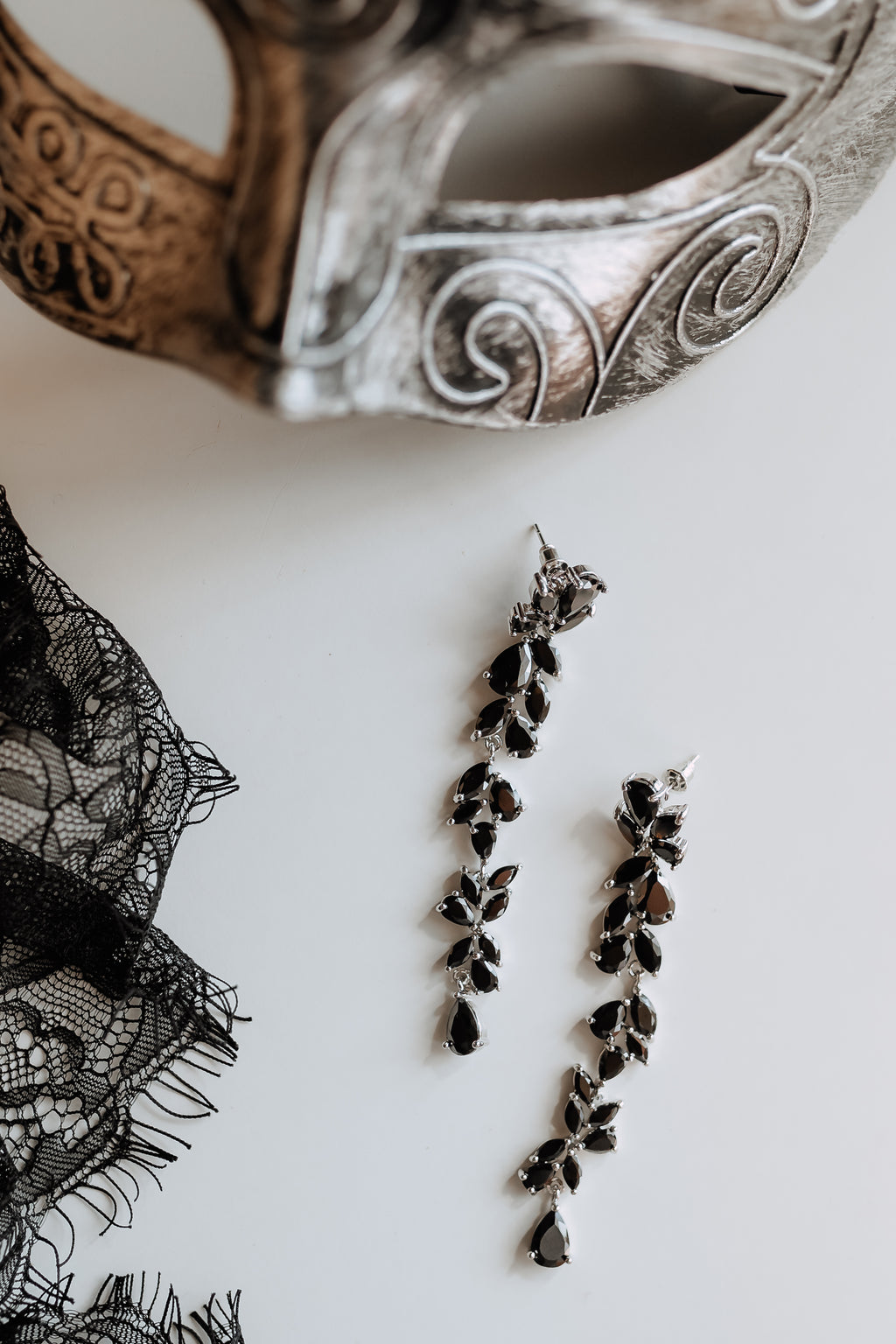 Cubic zirconia vine marquise drop earrings black silver - vine design detail with black stones