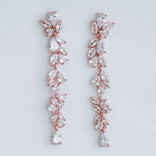 Rose gold wedding earrings cubic zirconia vine design by Sarmali