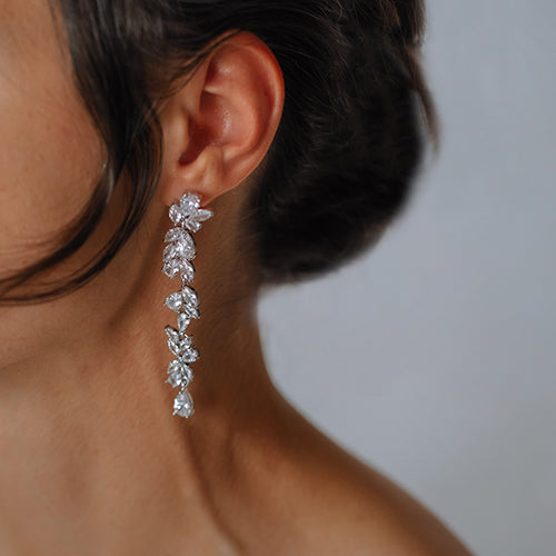 Cubic zirconia vine marquise drop earrings white silver elegant design