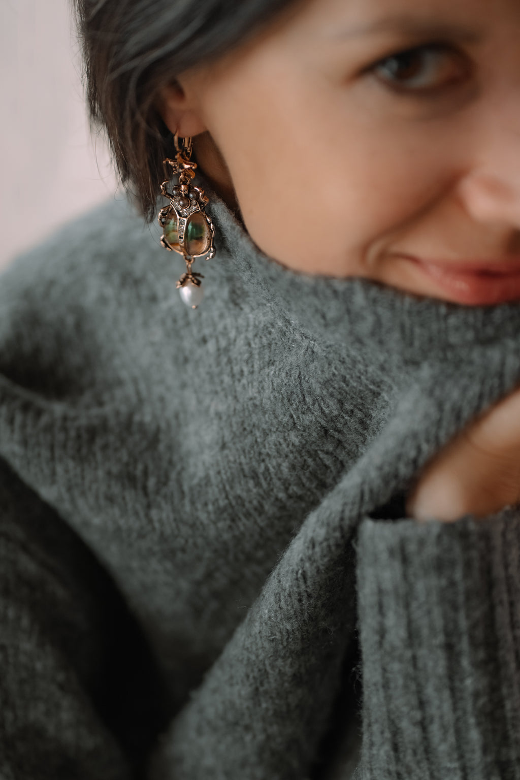 Vintage scarab beetle drop earrings abalone shell pearl - iridescent handcrafted dangle earrings