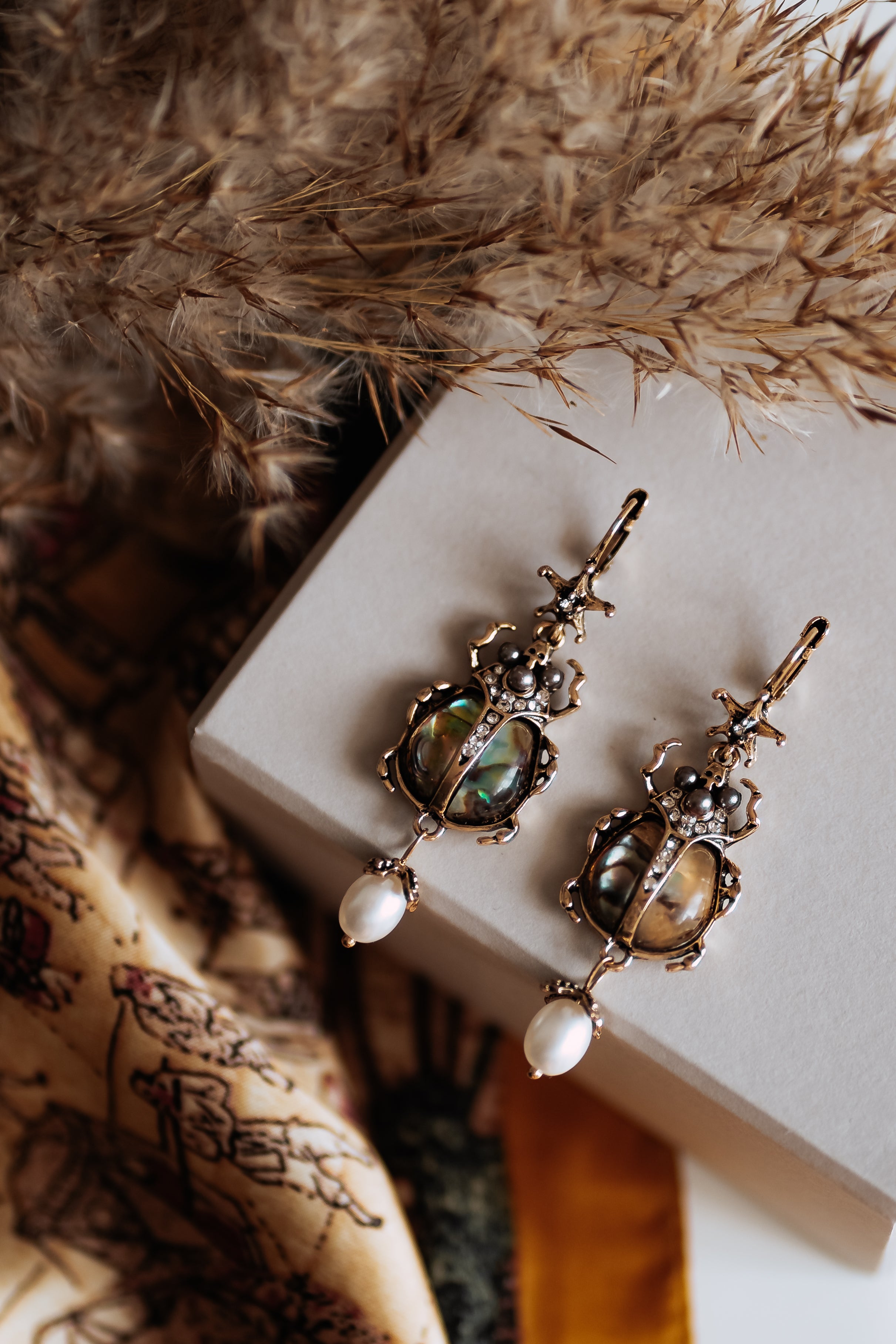 Vintage scarab beetle drop earrings abalone shell pearl - antique gold tone beetle design