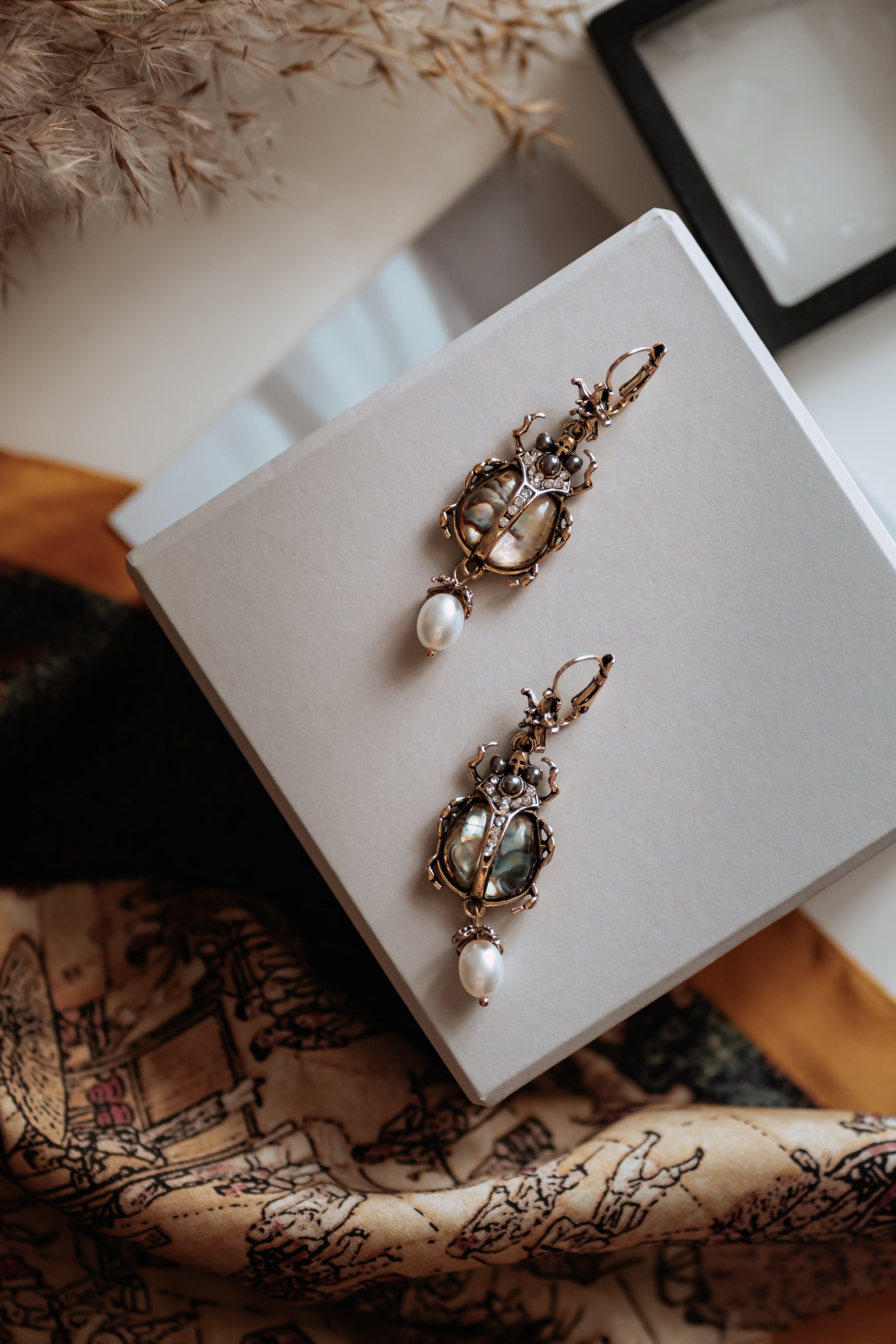 Vintage scarab beetle drop earrings abalone shell pearl - natural pearl accent with scarab motif