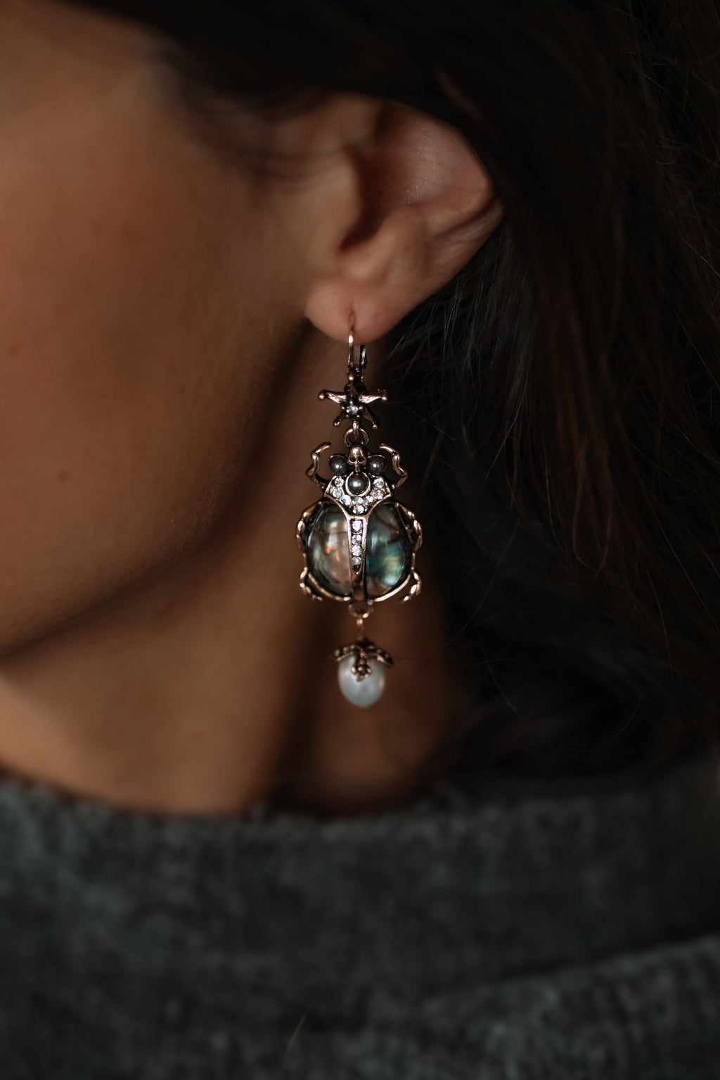 Vintage scarab beetle drop earrings abalone shell pearl - bohemian style jewelry pair