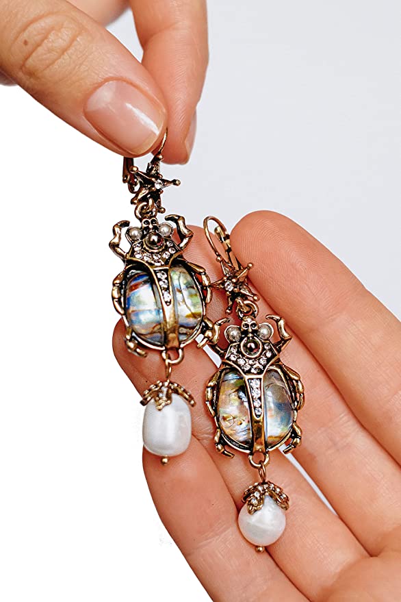 Vintage scarab beetle drop earrings abalone shell pearl - unique statement earrings full view